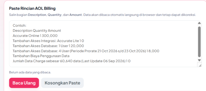 Kolom Paste Rincian AOL Billing pada kalkulator