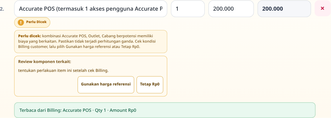 Contoh komponen yang ditandai Perlu review beserta pilihan Gunakan harga referensi dan Tetap Rp0